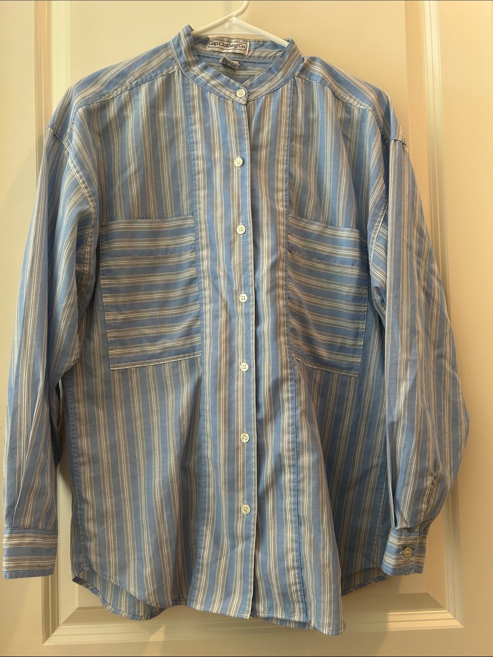 Gap Vintage Striped Band Collar button down Shirt 2 pocket front long sleeves M